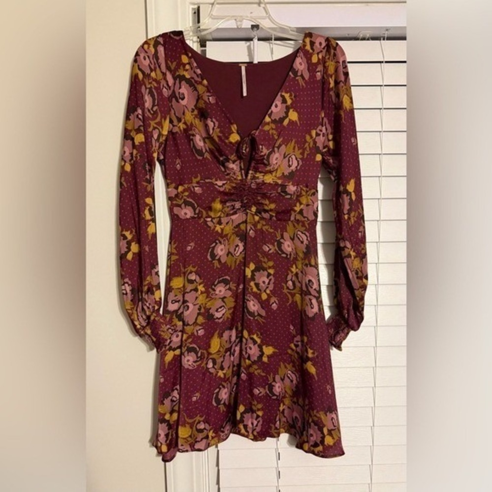Free People Burgundy Floral Polka Dot Mini Dress Long Sleeve V-Neck Ruched Waist
